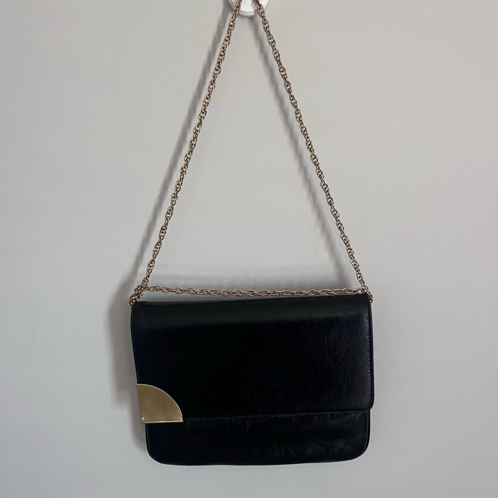 Vintage Mardane Black Italian Leather Clutch Gold Chain 70s 80s
